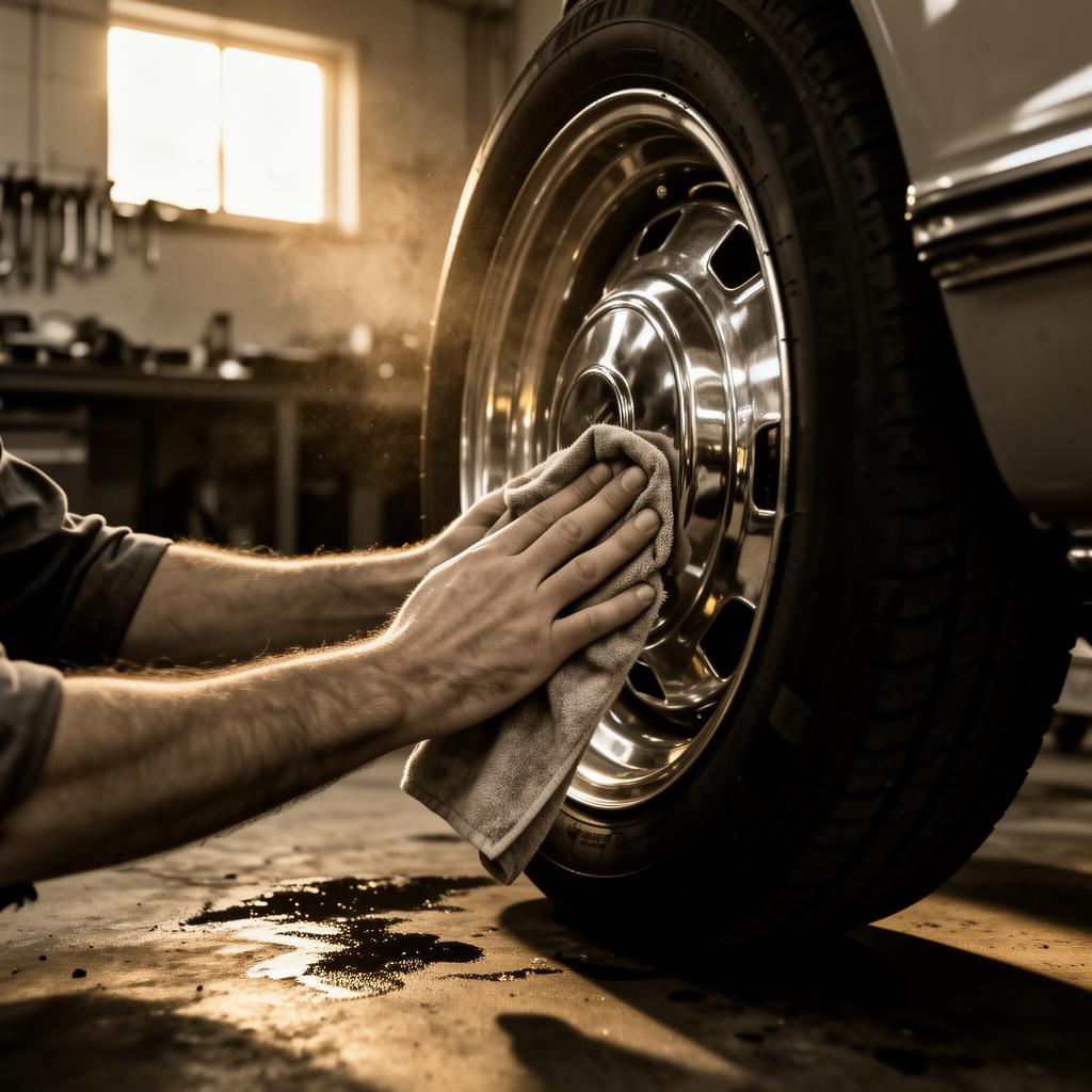 Mani al lavoro su un cerchio cromato, officina