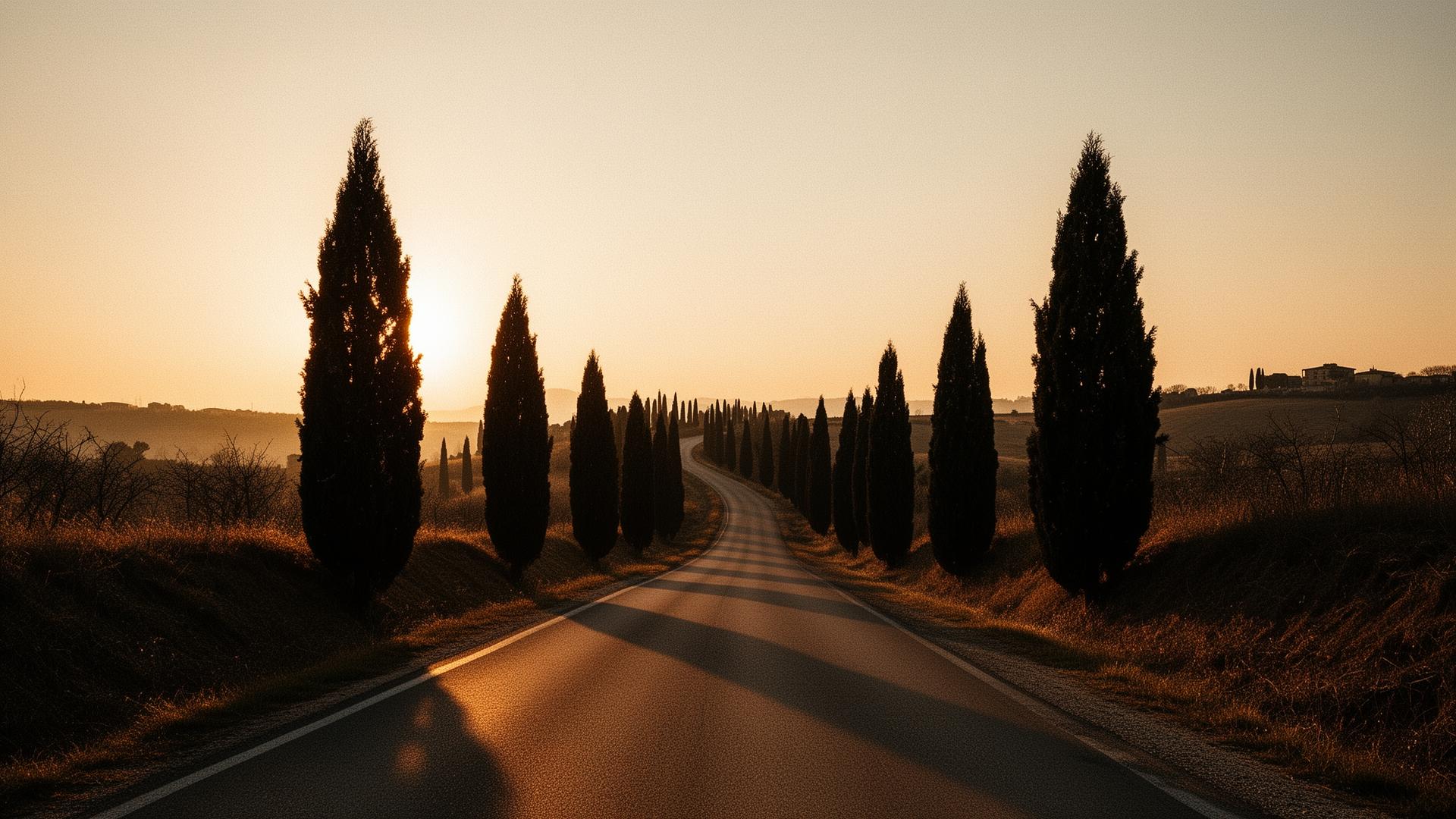 Strada italiana al tramonto, cipressi